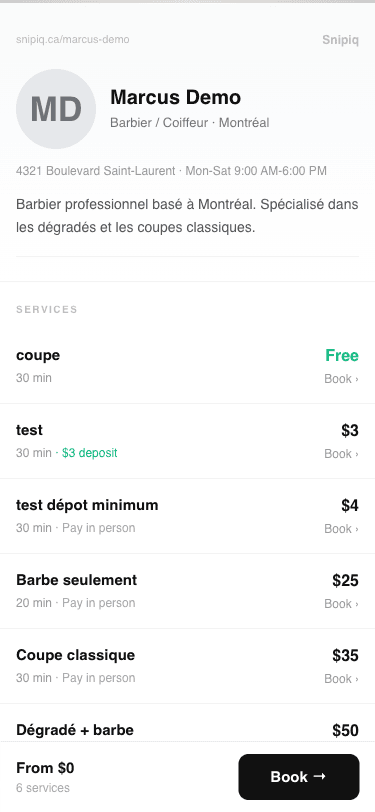 Client booking page on mobile
